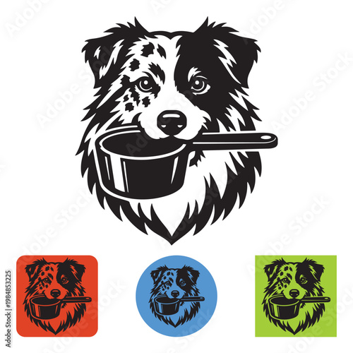 Australian Shepherd dog head vector, border collie holding a cooking pot in mouth, pet food and canine nutrition logo, black and white animal mascot