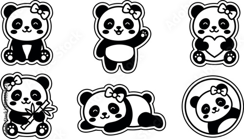 Black and white kawaii pandas with bows in various poses vector art set