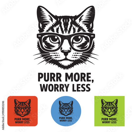 Vintage cat head with glasses vector, Purr More Worry Less typography, hipster feline portrait set, black and white animal illustration for t-shirts