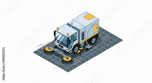 Isometric Street Sweeper Truck Vector Illustration for Municipal Road Cleaning and Urban Maintenance Services