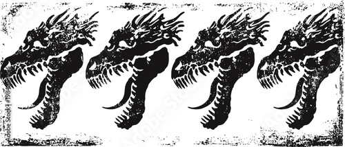 four black dragon heads illustration with fierce expressions and textured details