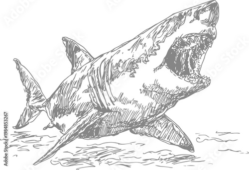 Great white shark illustration with open jaws attacking underwater ocean wildlife predator