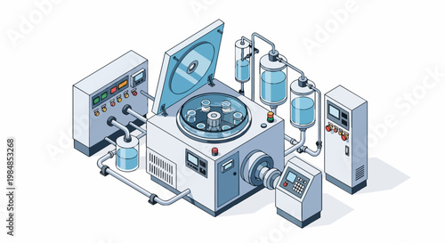 Isometric Scientific Laboratory Centrifuge and Industrial Chemical Processing Machine Illustration for Biotechnology and Pharmaceutical Research
