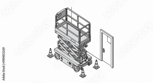 Isometric Line Art Illustration of a Scissor Lift Aerial Work Platform for Construction and Maintenance