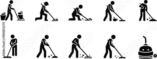 Set of icons depicting people cleaning with mops brooms vacuum cleaners vacuum cleaner cleaning