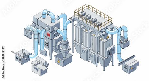 Isometric Illustration of Industrial Air Filtration and Dust Collection System for Factory Ventilation