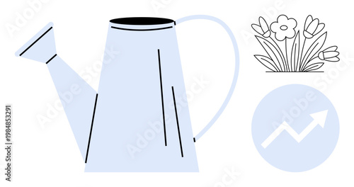 Gardening, growth, productivity, sustainability, environmental care, business growth. Watering can alongside a flowering plant and upward arrow symbol. Gardening and growth concept