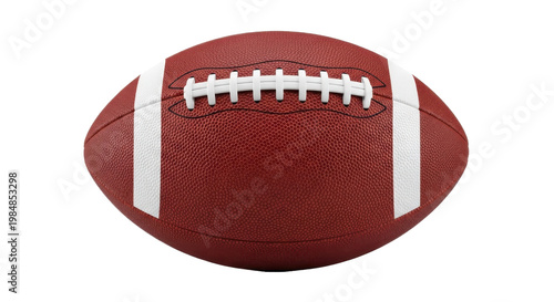 A close-up view of a brown American football with white laces