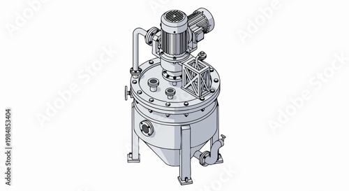 Industrial Chemical Mixing Tank and Reactor Vessel with Electric Motor, Isometric Line Art Illustration on White Background