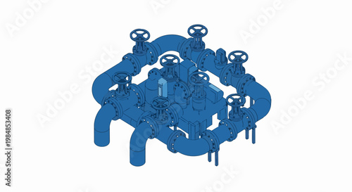 Isometric Industrial Piping System with Valves and Flanges, Blue Engineering Illustration of Pipeline Infrastructure and Fluid Control Network