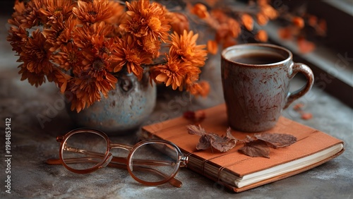 Cozy Autumn Still Life with Orange Chrysanthemums, Coffee Mug, Notebook and Glasses
