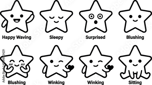 Cute cartoon stars showing happy waving sleepy surprised blushing winking and sitting expressions