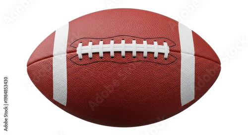 A close-up view of a red American football with white stripes