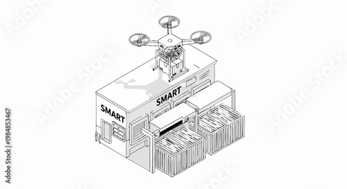 Isometric Line Art of a Smart Warehouse featuring Drone Delivery and Logistics Automation