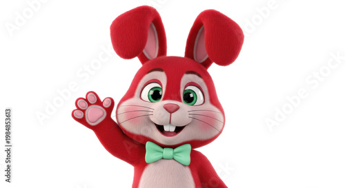 A cheerful cartoon red bunny waving with a green bow tie