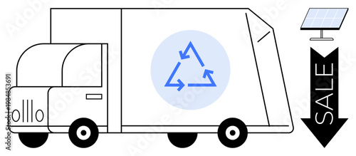 Sustainability, eco-transport, recycling, green energy, environmental awareness, renewable resources. White delivery truck with recycling symbol, solar panel and downward sale arrow. Sustainability