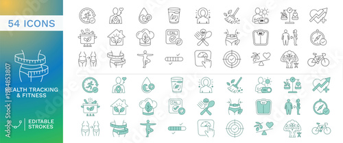 Fitness and Health Tracking Outline Icons Set with Workout, Diet, Weight Loss, Body Measurement and Wellness Line Icons Editable Stroke Vector Collection