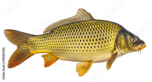 A large golden fish with black spots swimming in water