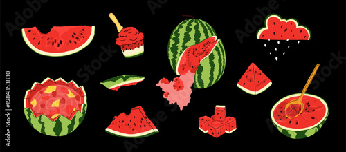 Vector set of ripe watermelons. Sliced watermelon, pieces, halves, triangle slices, watermelon ice cream and cocktail, and a smashed juicy watermelon. Illustration on a black background.
