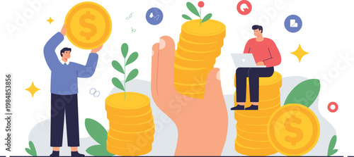 People investing and growing money with stacks of gold coins for financial literacy wealth management and savings profit concept vector illustration