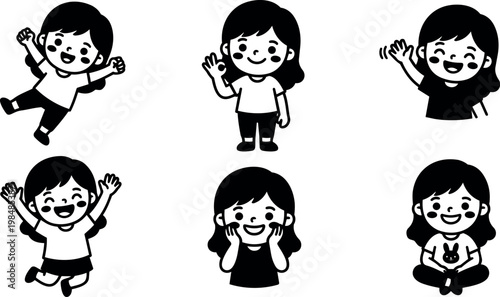 Happy girl in multiple joyful poses waving jumping and sitting