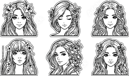 Black and white line art floral woman faces with various flower crowns and hairstyles