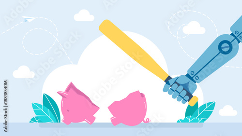 Powerful robot smashing a pink piggy bank with a baseball bat to get money, representing financial technology disruption, automated savings access and future banking. Vector illustration.