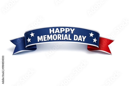 Happy memorial day banner with blue and red ribbon and white stars on isolated white background