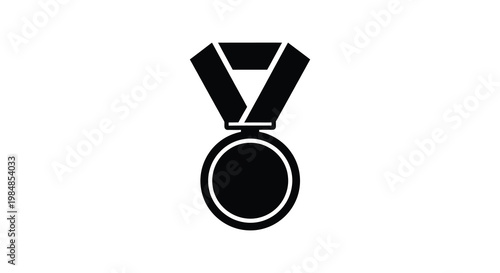 A stark black silhouette of a medal with a ribbon symbolizing achievement and victory presented on a white background silhouette