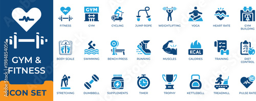 Gym fitness workout and physical health training equipment vector icon set