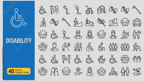 Disability web icons in line style. Wheelchair,assistance, deafness, disabled people, blind, disabled, collection. Vector illustration.

