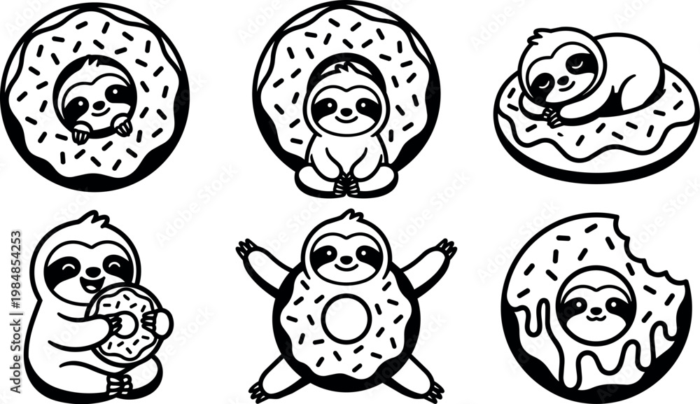 Fototapeta premium Cute sloths with donuts in various poses