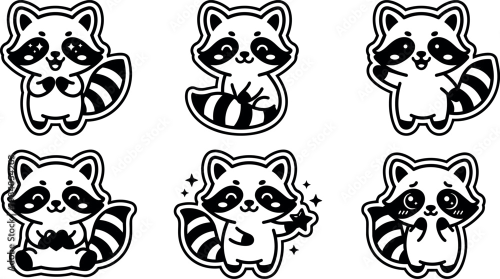 Obraz premium Cute black and white cartoon raccoon characters with different expressions and poses