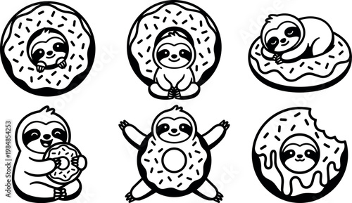 Cute sloths with donuts in various poses