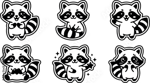 Cute black and white cartoon raccoon characters with different expressions and poses