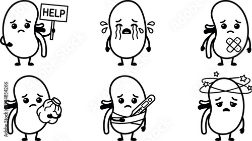Black and white sad kidney characters showing pain symptoms in line art