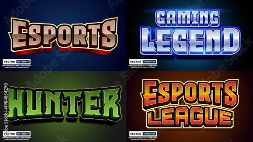 Esports gaming legend hunter esports league 3D editable vector text effects with competition, electronic tournament graphics, typography, excitement, challenge, champion, achievemen creative template.