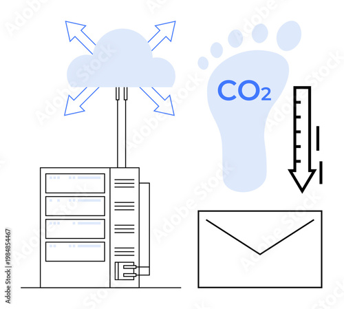 Cloud technology, environmental sustainability, communication, data management, digital solutions, CO2 reduction. Server, cloud CO2 footprint thermometer and envelope graphics. Cloud technology