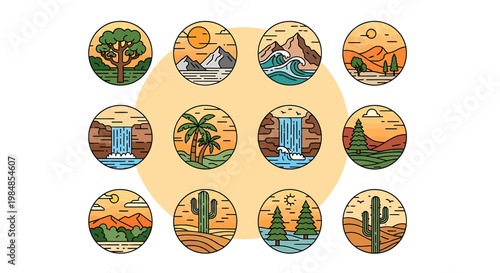 A collection of 12 circular icons featuring various natural landscapes