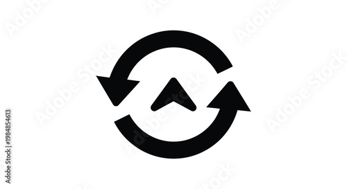 A black circular graphic displays two arrows in a continuous loop with a central upward point silhouette high quality professional detailed