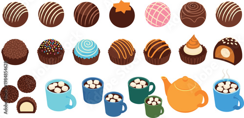Assorted Chocolate Truffles, Hot Cocoa Mugs with Marshmallows, and Tea Pot for Sweet Dessert, Beverage, and Confectionery Designs