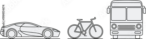 Top View Minimal Line Drawing of Car, Bicycle and Bus
