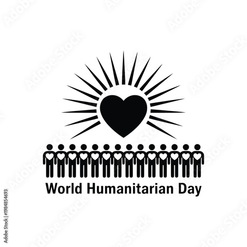 Humanitarian day graphic with large sunburst heart and row of people icons with internal heart.