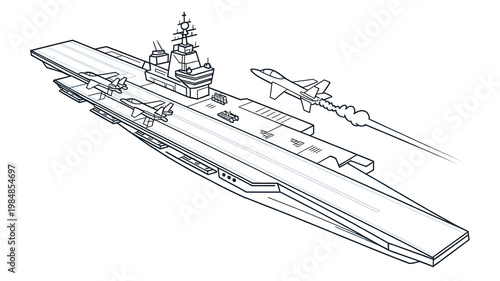 Aircraft Carrier CAD Vector Design with Fighter Jets Takeoff, Naval Aviation Engineering Illustration