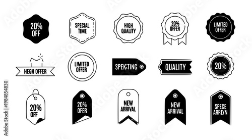A collection of black and white vector graphic labels and tags for sales and promotions with various designs and text