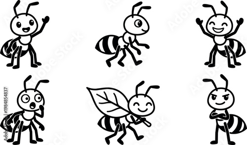 Black and white cartoon ants with different expressions and poses vector art