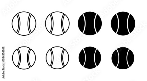 A set of eight minimalist tennis ball icons in black and white on a transparent background