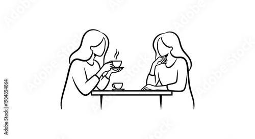 Two women seated at a table one holding a cup engaged in conversation presented as a silhouette high quality professional detailed