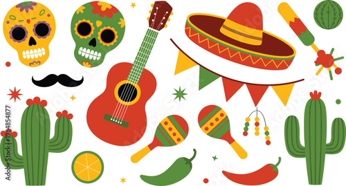Mexican fiesta celebration element set with sugar skulls guitar sombrero maracas cactus chili peppers and party bunting for cinco de mayo vector