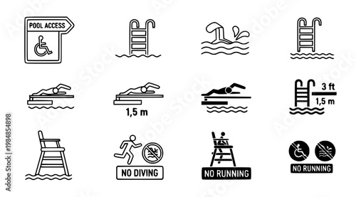 A set of vector graphic icons depicting various pool signs and symbols for safety and accessibility